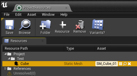Cube static mesh asset reference added to the project resource list